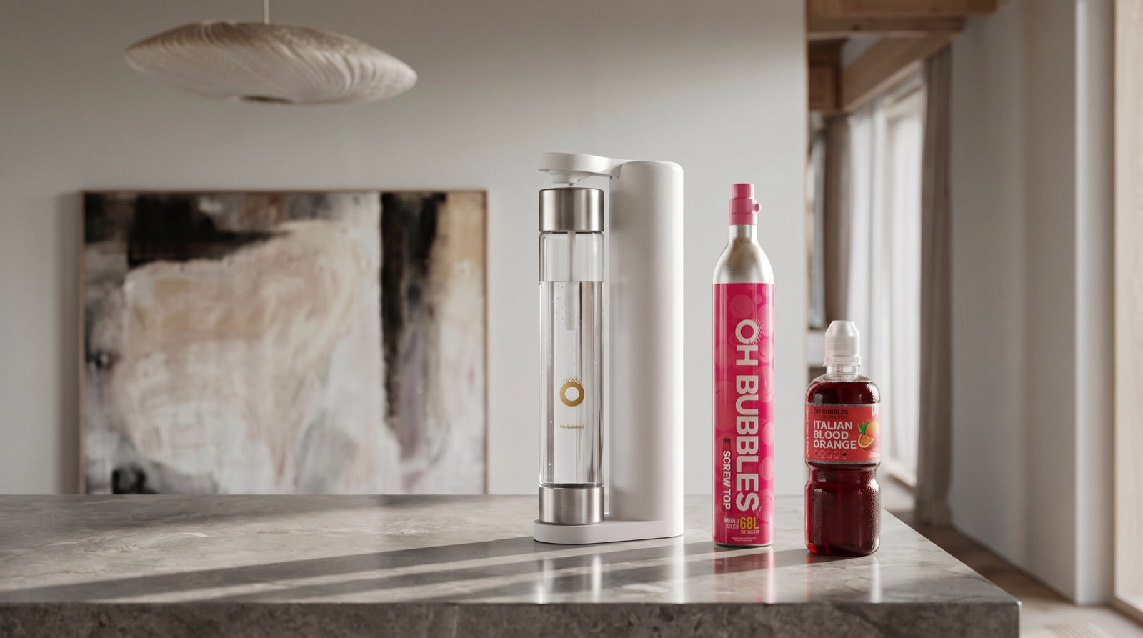 The white ALLFIZZ soda maker on a stone kitchen bench with the OH Bubbles CO2 cylinder and Italian blood orange syrup beside it