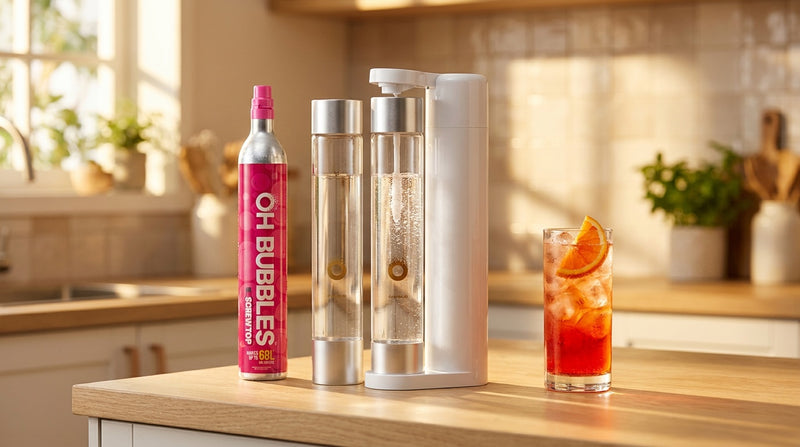 OH Bubbles soda maker, a pink CO2 cylinder and a blood-orange spritz on a sunlit kitchen bench