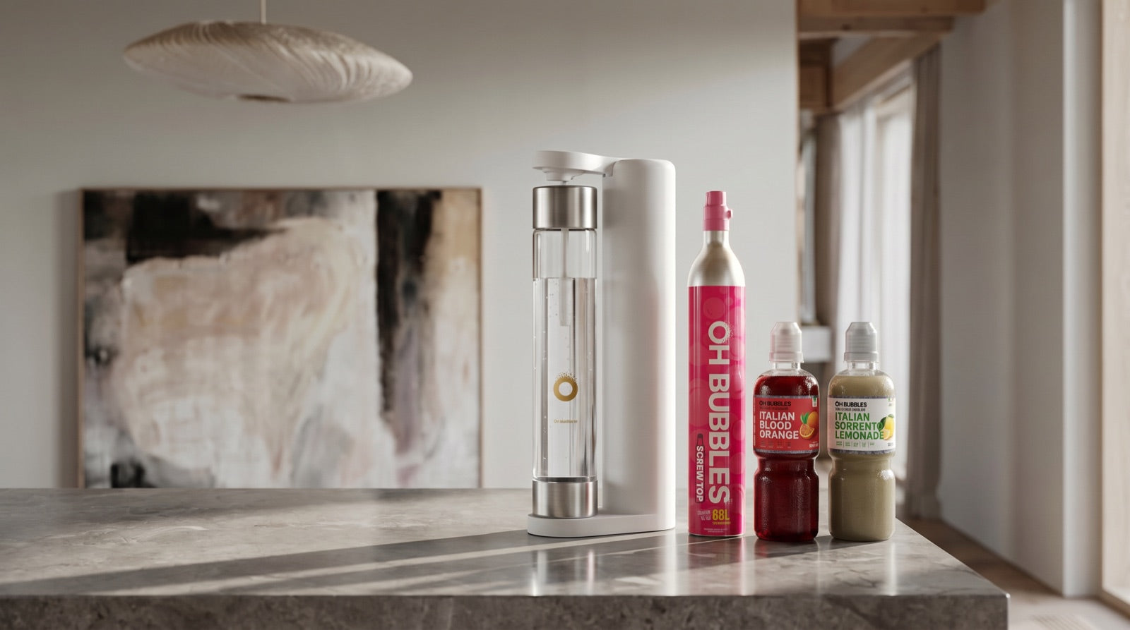 The white ALLFIZZ soda maker on a stone kitchen bench with the OH Bubbles CO2 cylinder and Italian blood orange syrup beside it