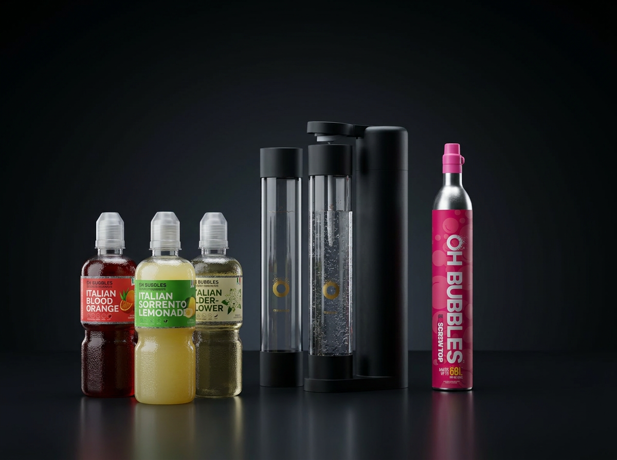 AllFizz soda maker with OH Bubbles Italian syrups and a CO2 refill cylinder
