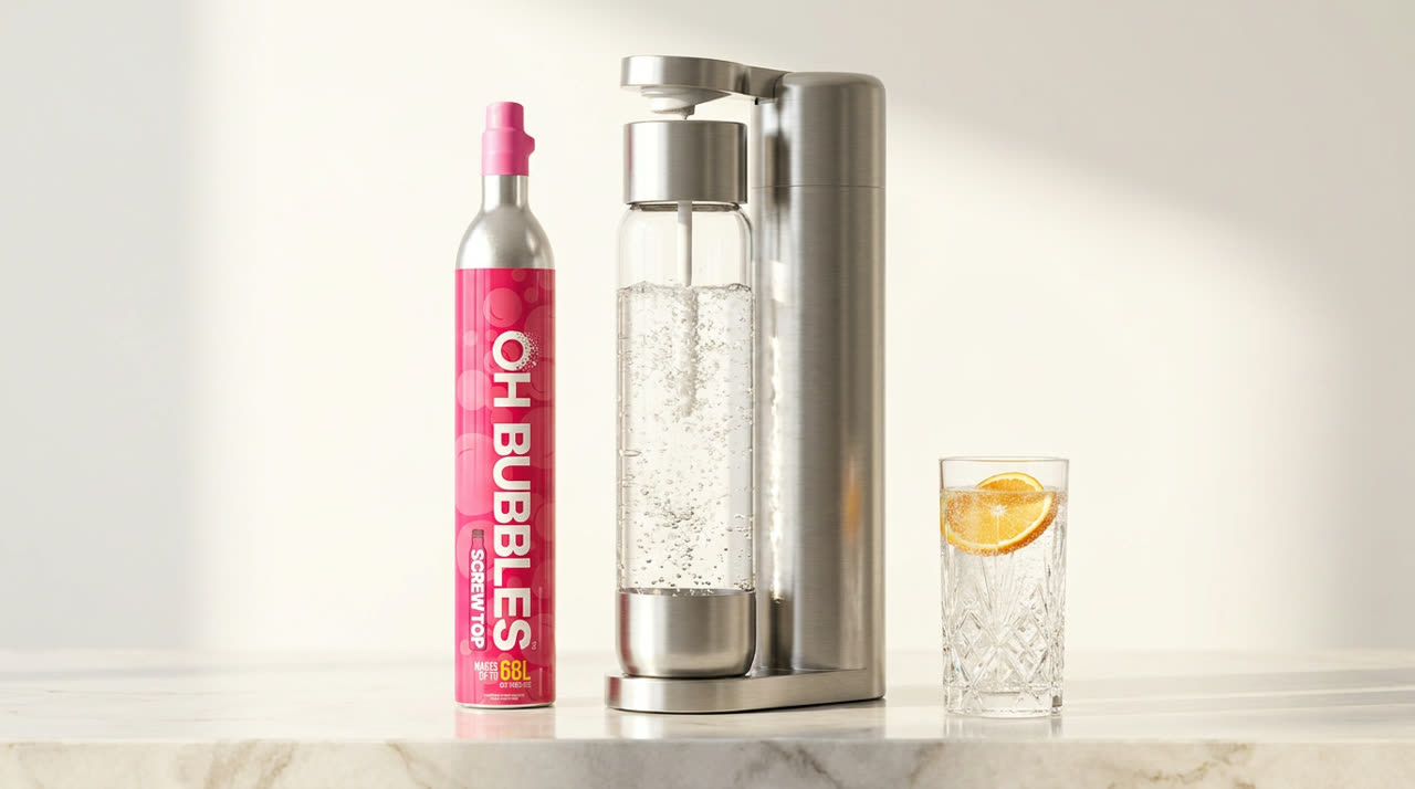 OH Bubbles pink CO2 cylinder beside a premium brushed-steel carbonation machine and a glass of sparkling water