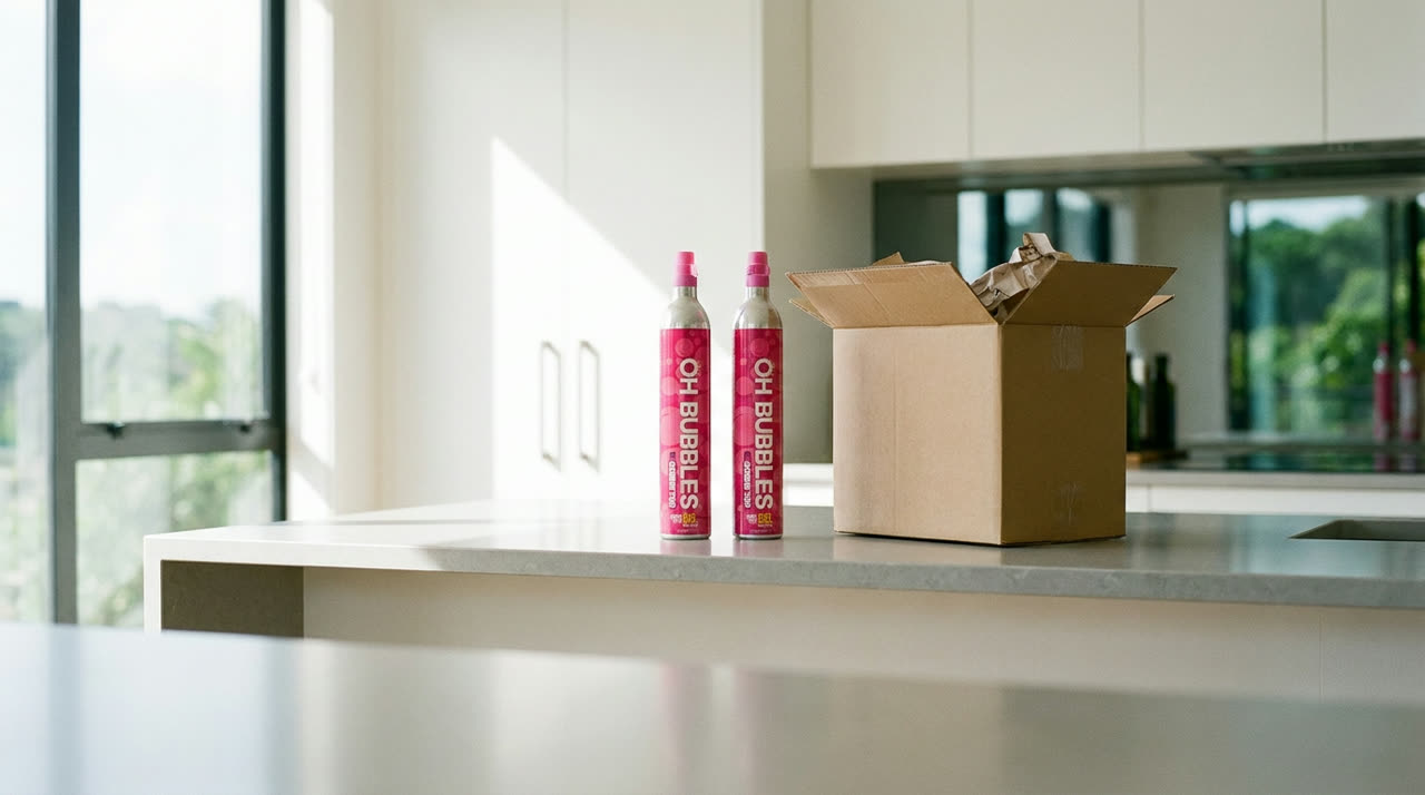 OH Bubbles pink CO2 cylinders with an open delivery box in a bright modern Auckland kitchen