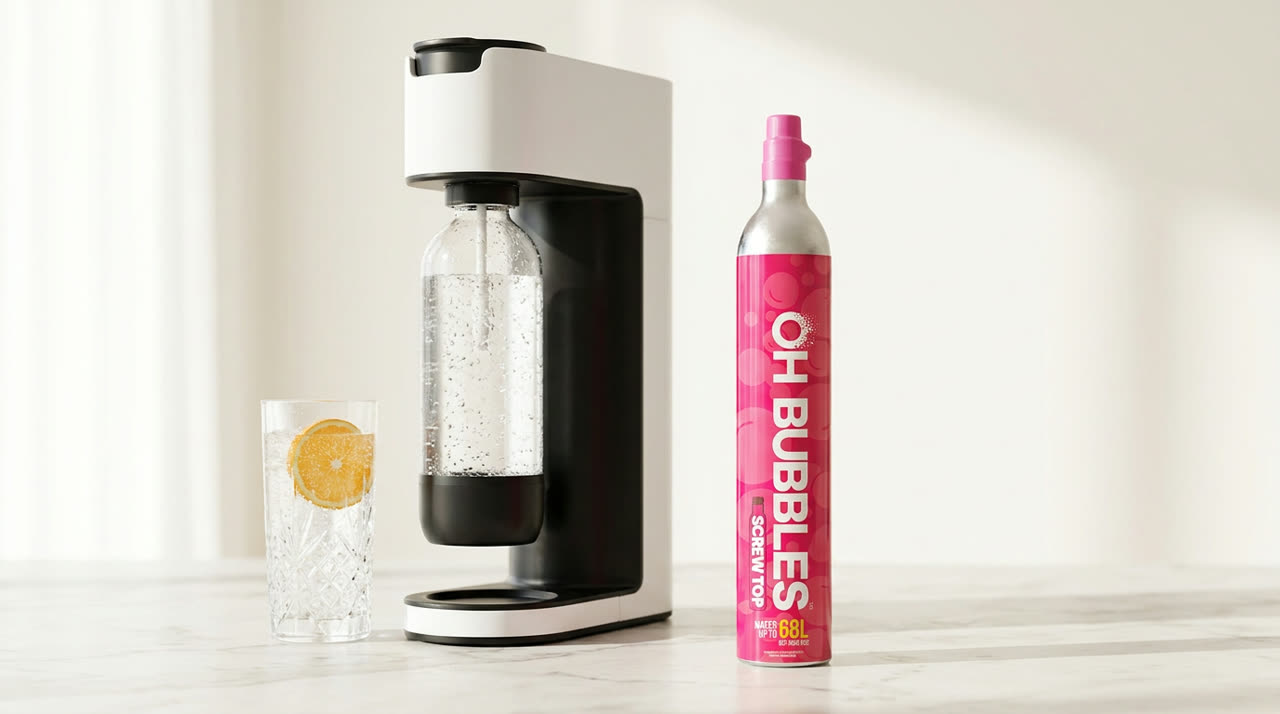 OH Bubbles pink CO2 cylinder beside a white home soda maker and a glass of sparkling water