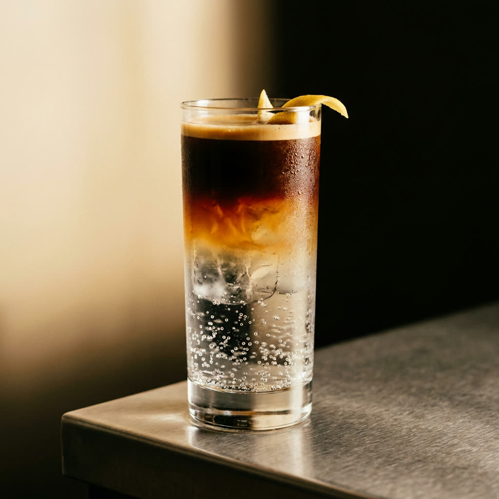 Espresso tonic over ice with a lemon twist