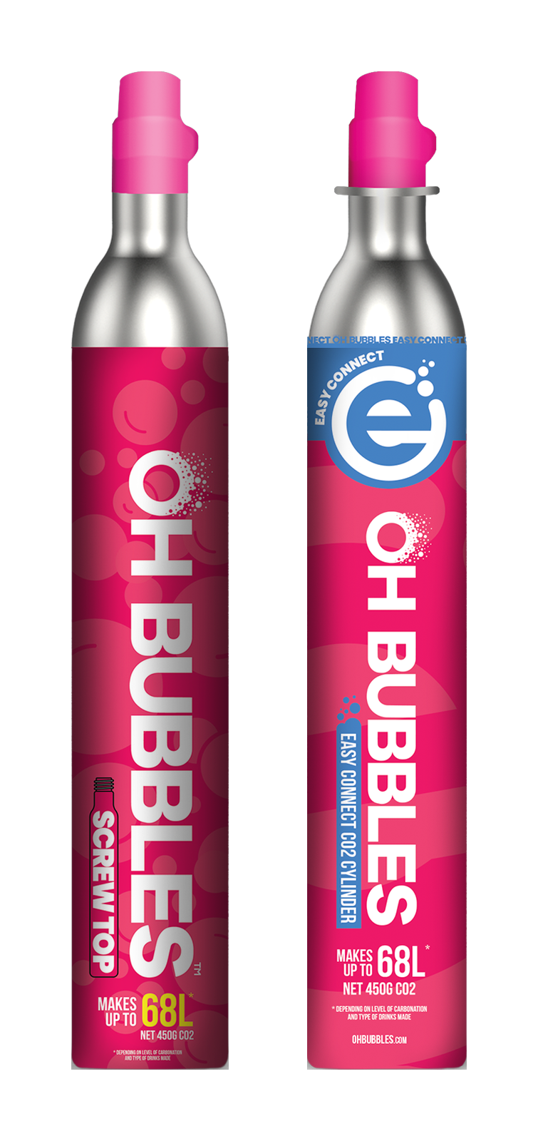 OH Bubbles screw-top and easy-connect CO2 cylinders side by side