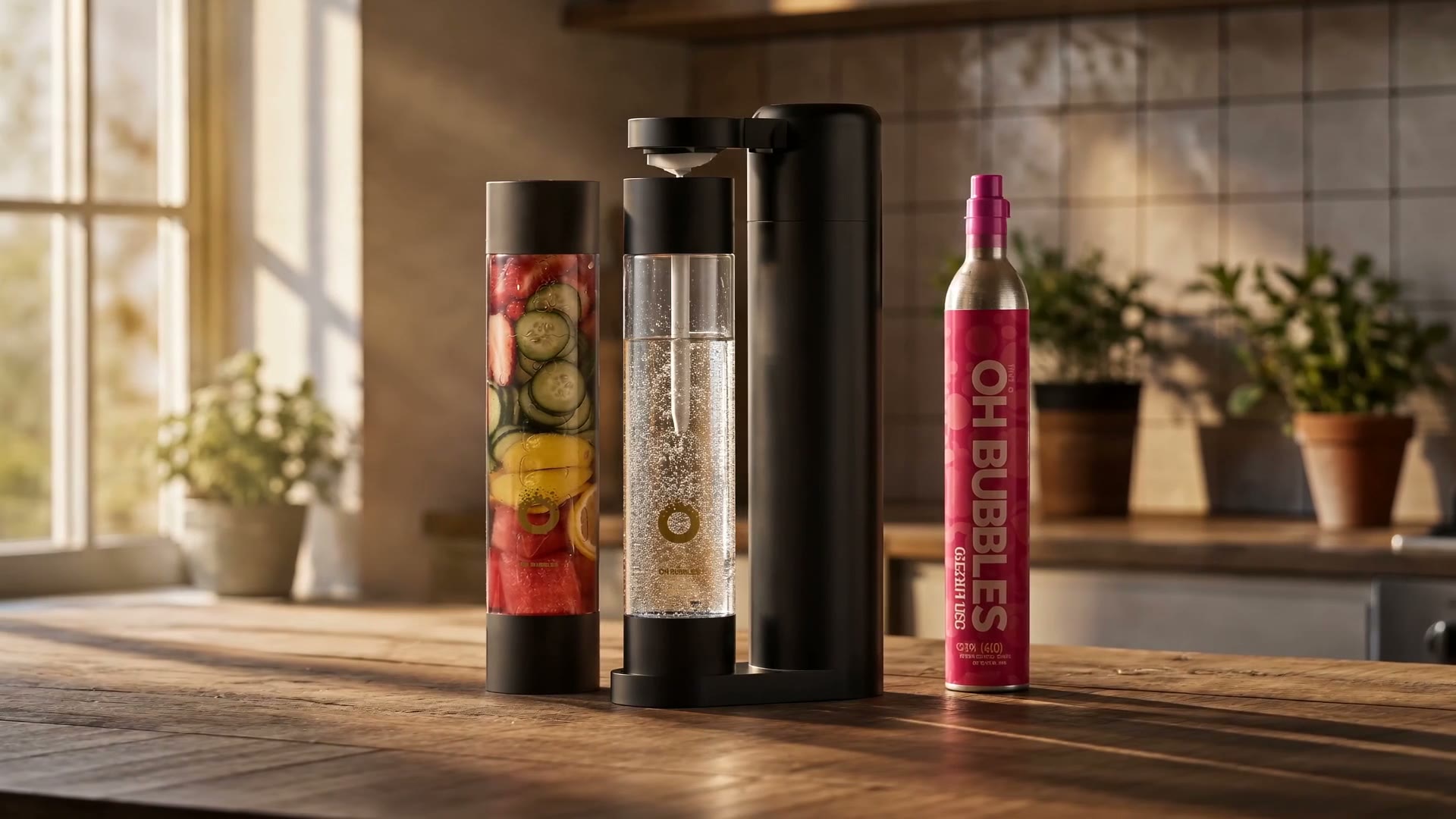 The OH Bubbles home carbonation system: a glass of sparkling water, the OH Bubbles cylinder and an Italian syrup on a kitchen bench