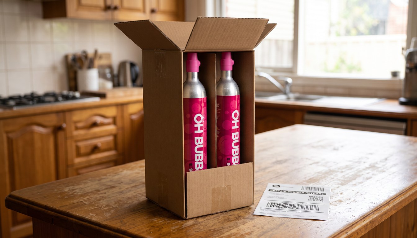 Pink OH Bubbles cylinders in an open kraft box with a prepaid courier return label