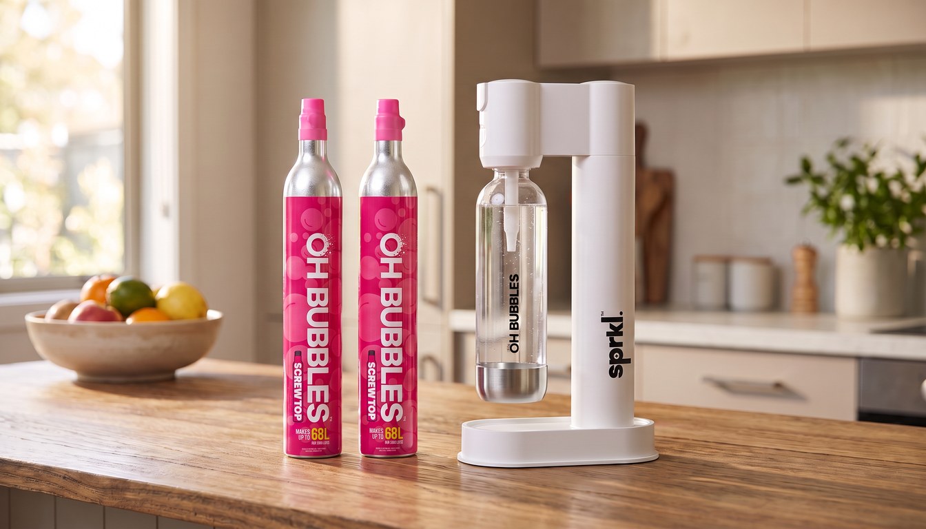 Two full pink OH Bubbles screw-top cylinders beside a white sprkl soda maker on a timber kitchen bench, fruit bowl behind