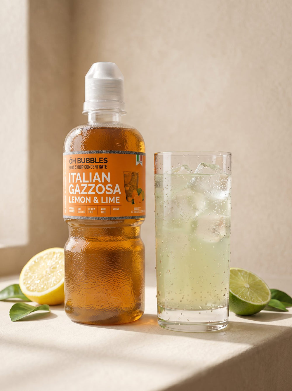 A finished Italian Lime & lemon Concentrated Syrup drink over ice, made with real fruit