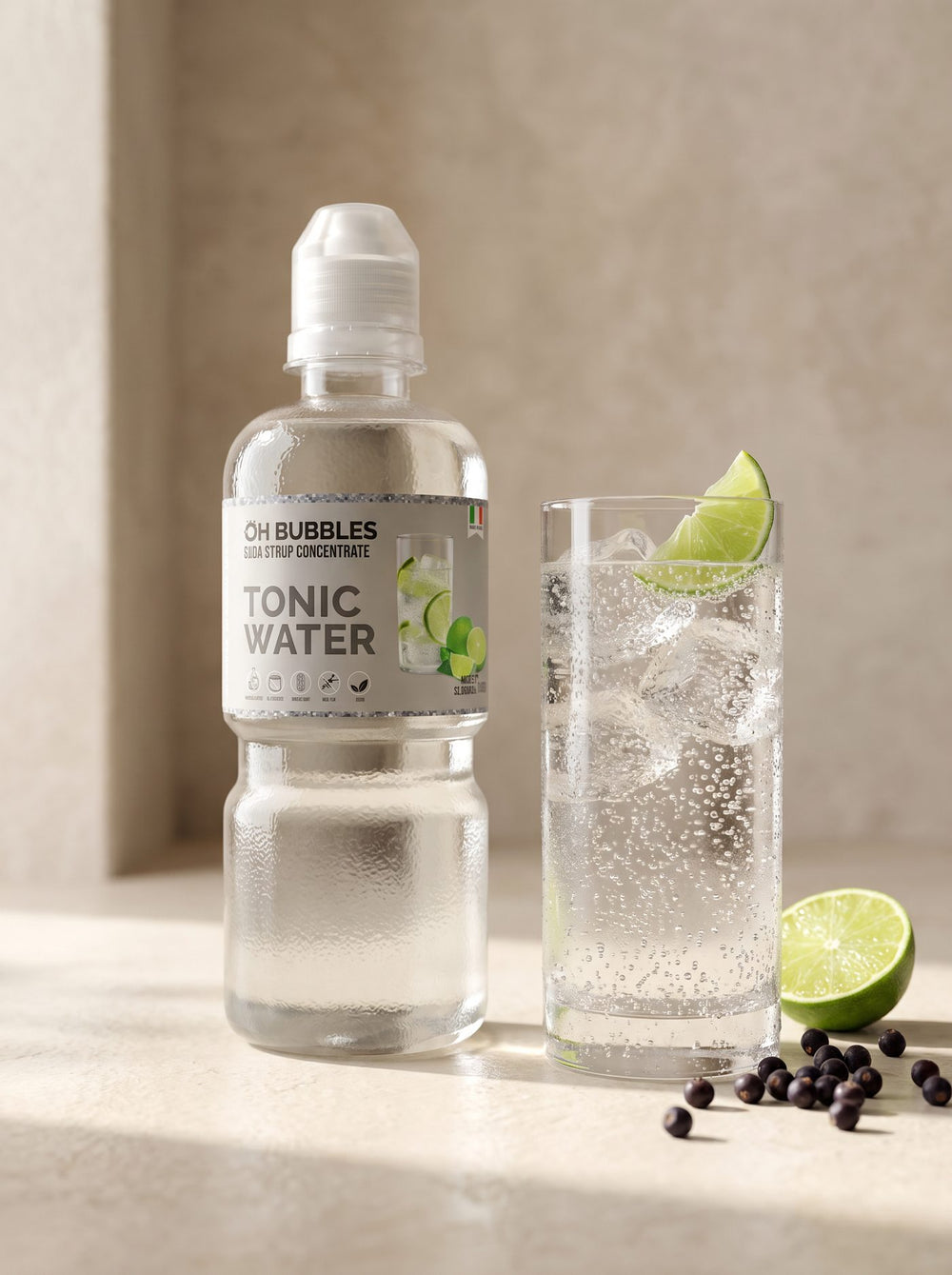 A finished Italian Tonic Water Concentrated Syrup drink over ice, made with real fruit
