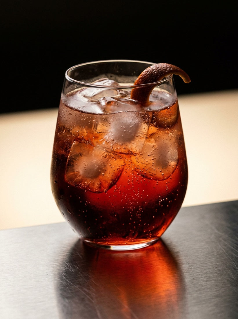 A blood orange spritz over ice with an orange peel