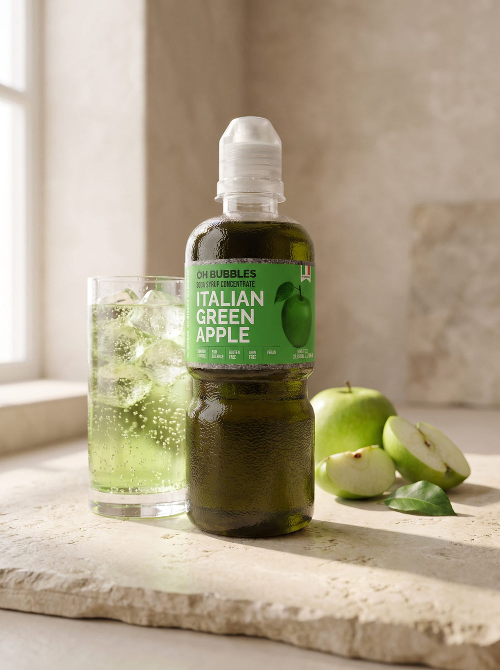A finished Green Apple Concentrated Syrup drink over ice, made with real fruit