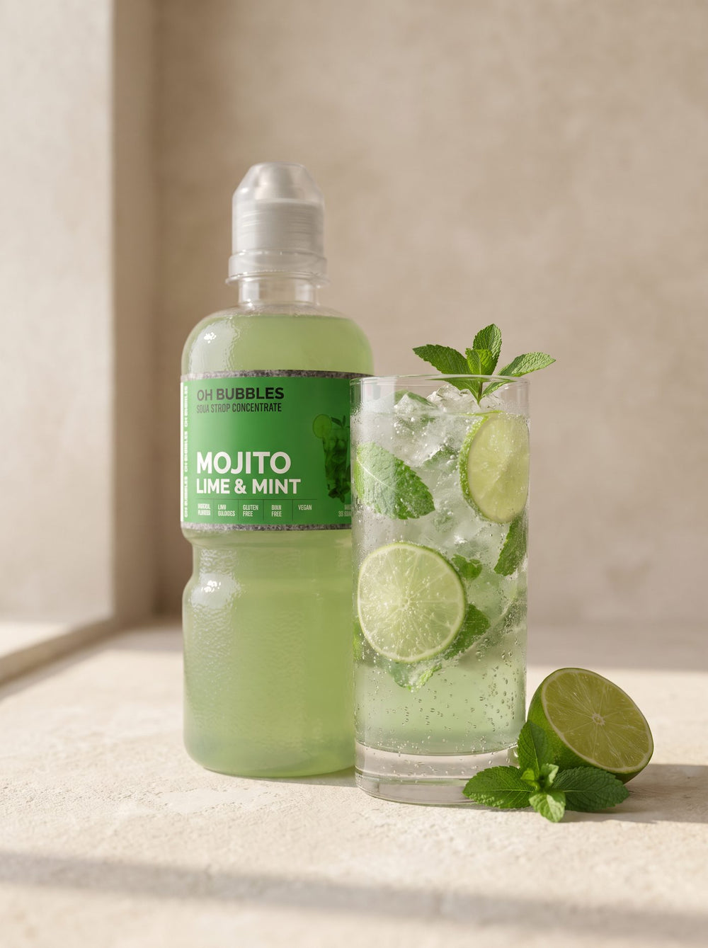 A finished Mojito Concentrated Syrup drink over ice, made with real fruit