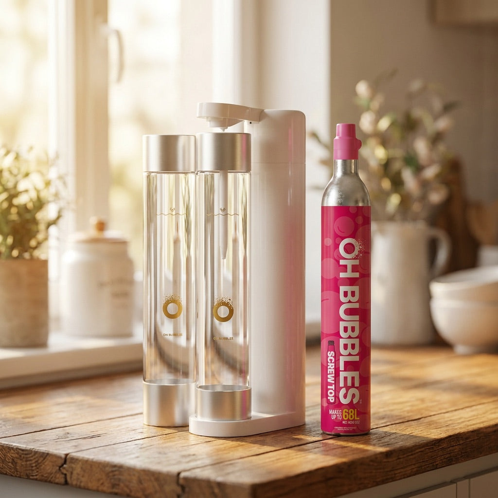 A pink OH Bubbles CO2 cylinder standing beside the soda maker it fits