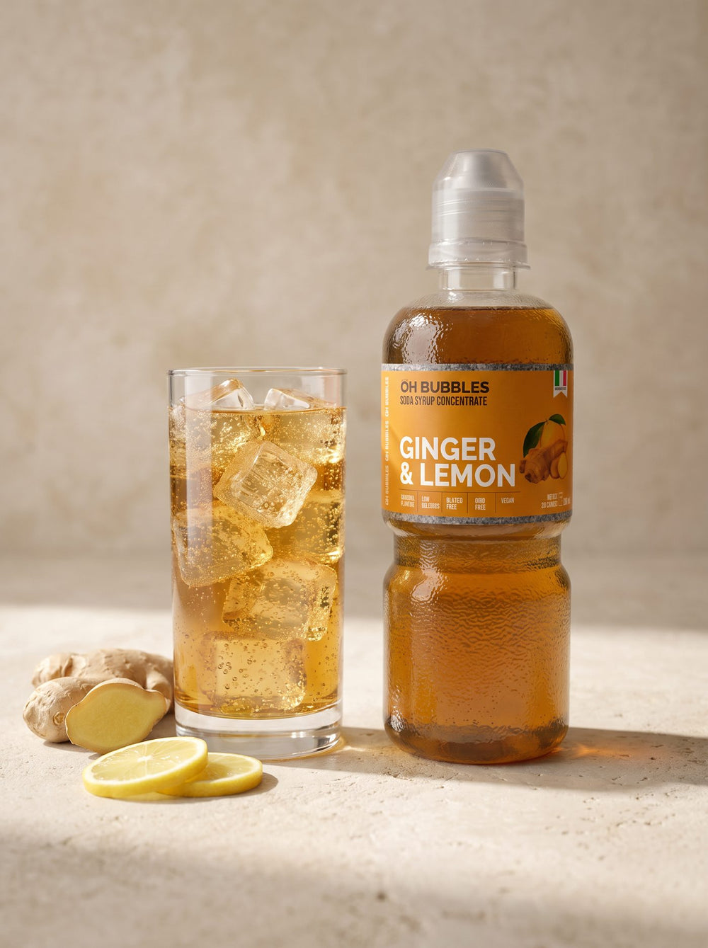 A finished Lemon & Ginger Concentrated Syrup drink over ice, made with real fruit