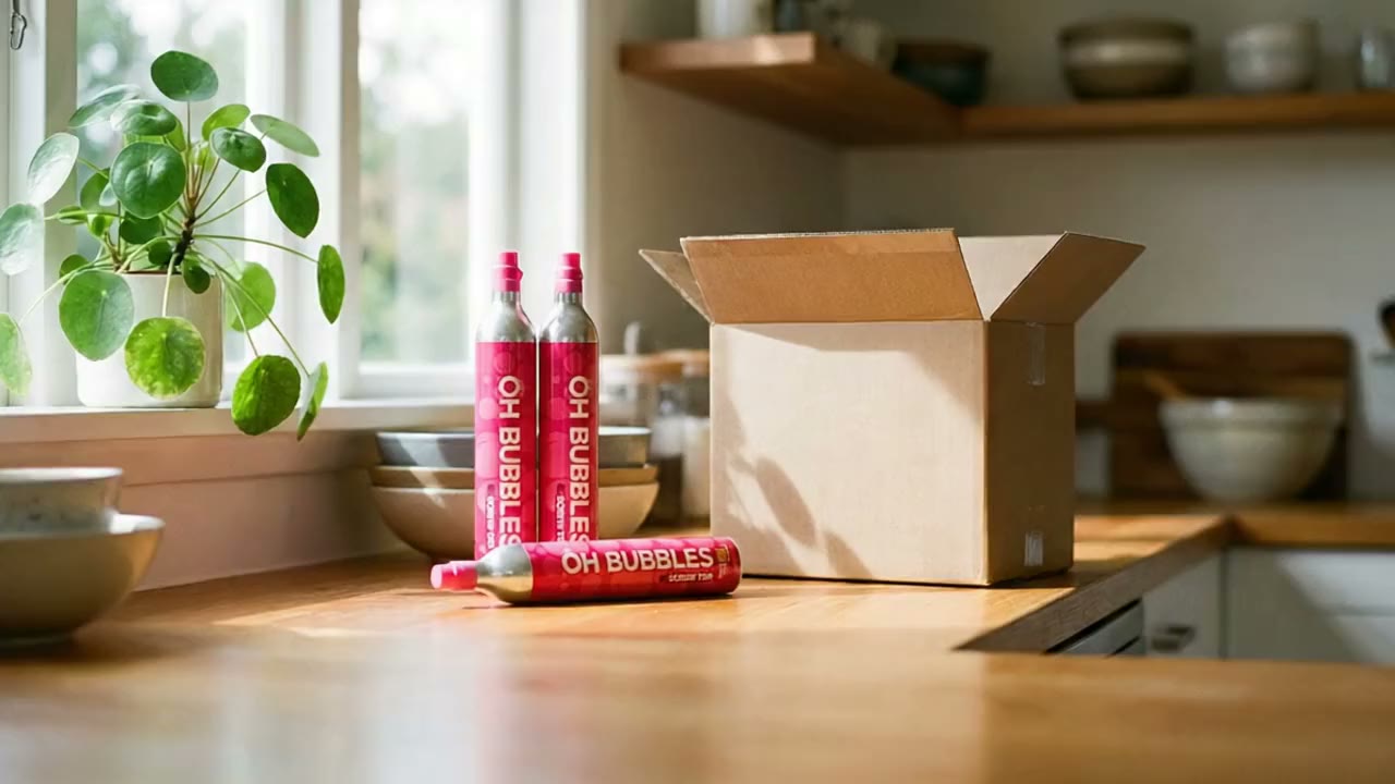 Pink OH Bubbles CO2 cylinders arriving in a box on a sunlit kitchen bench