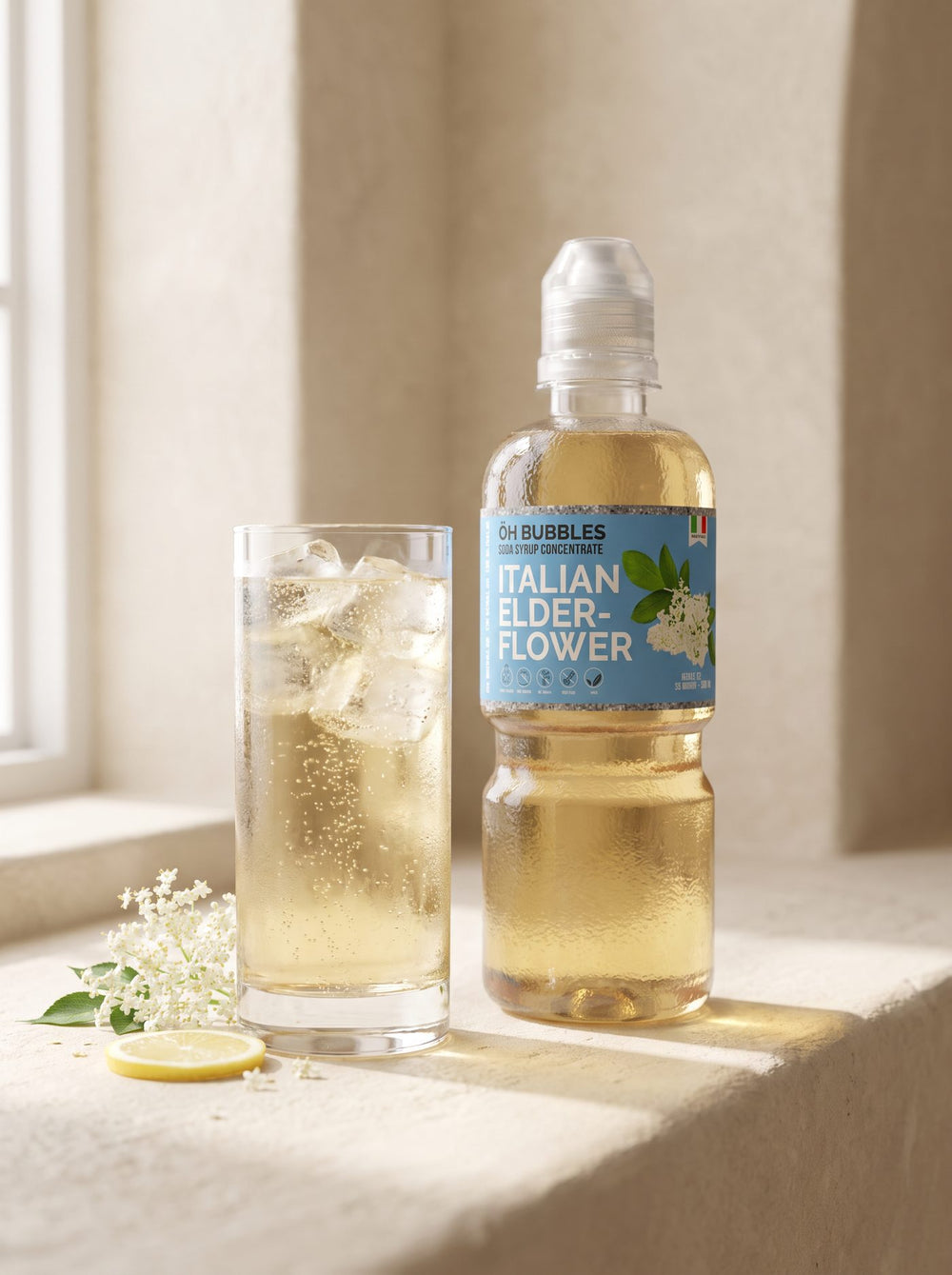 A finished Italian Elderflower Concentrated Syrup drink over ice, made with real fruit