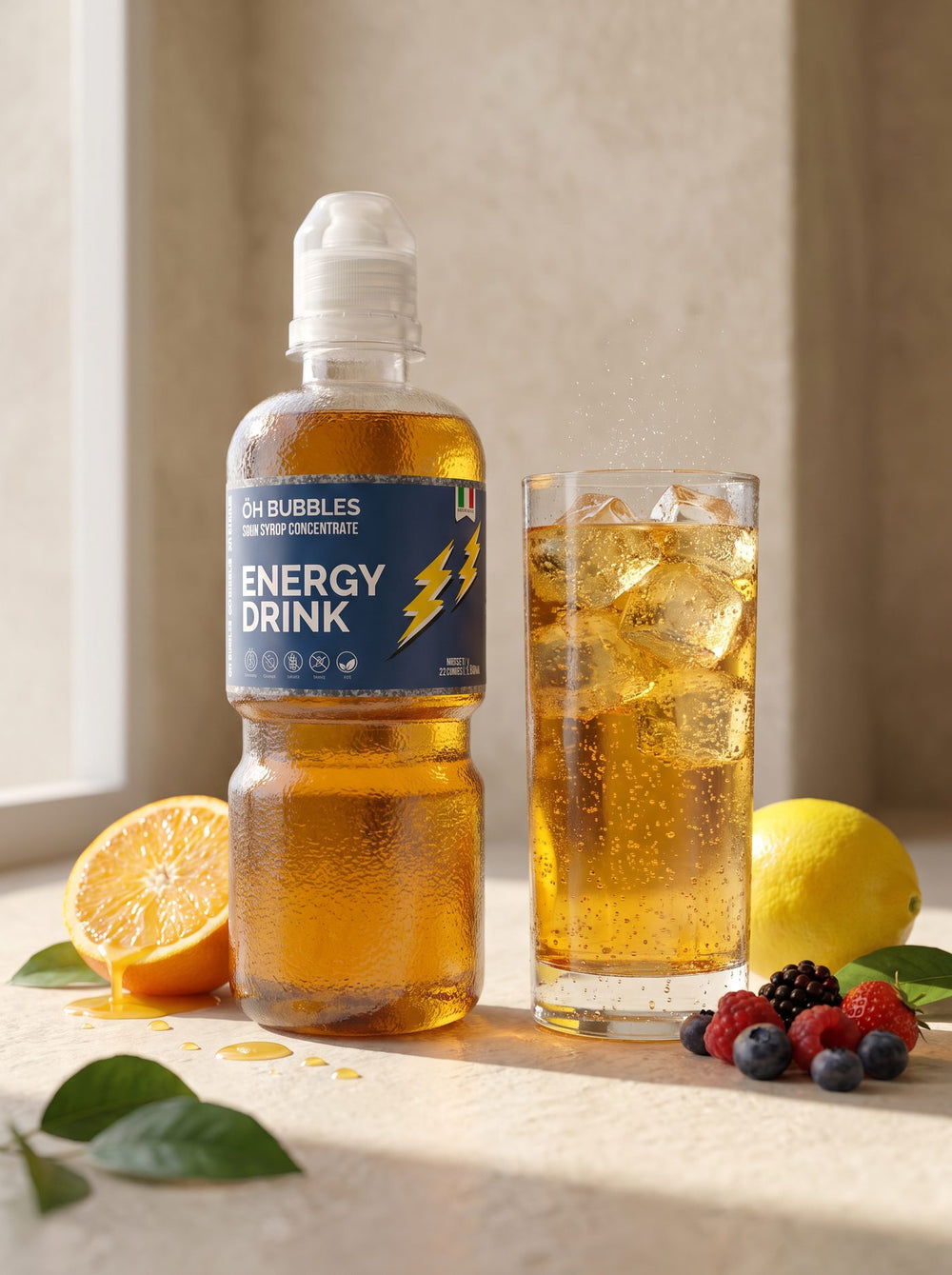 A finished Energy Concentrated Syrup drink over ice, made with real fruit