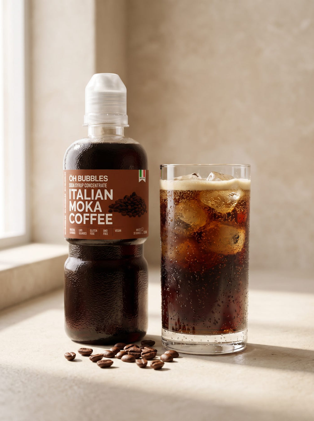 A finished Italian Moka coffee drink over ice, made with real fruit